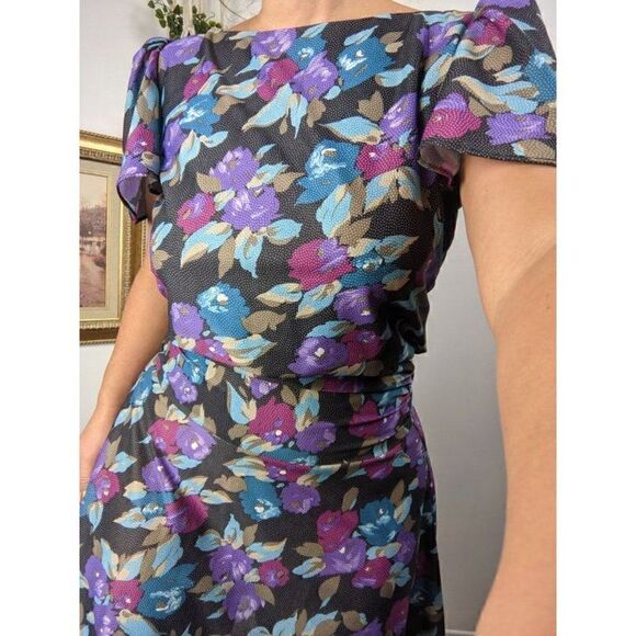 80s party dress floral print, drop waist short sleeve size 9 - Picture 2 of 9